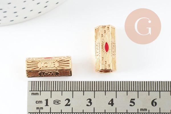 Perle tube talisman message LOVE doré couleur rouge 21mm, perle dorée bijoux amour, x1 G9409
