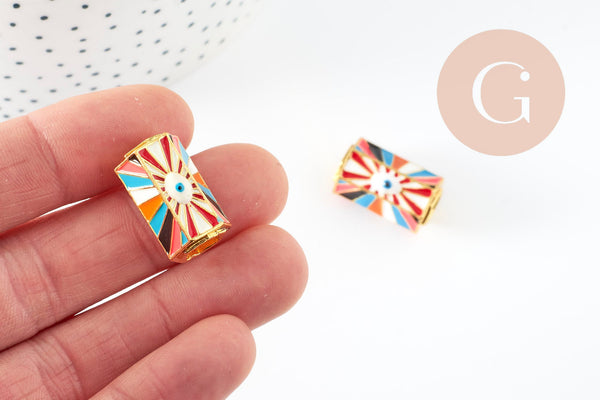 Perle tube talisman oeil protecteur émail multicolore laiton doré 21mm, perle dorée bijoux chance, x1 G9414