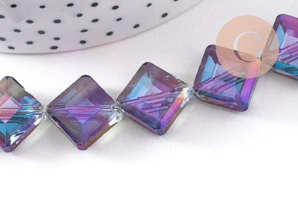 Perle verre losange irisé facetté 17mm, perles carrée, perles verre pour création bijoux,fil de 35 perles, X1 (G6064)