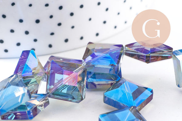 Perle verre losange irisé facetté 17mm, perles carrée, perles verre pour création bijoux,fil de 35 perles, X1 (G6064)