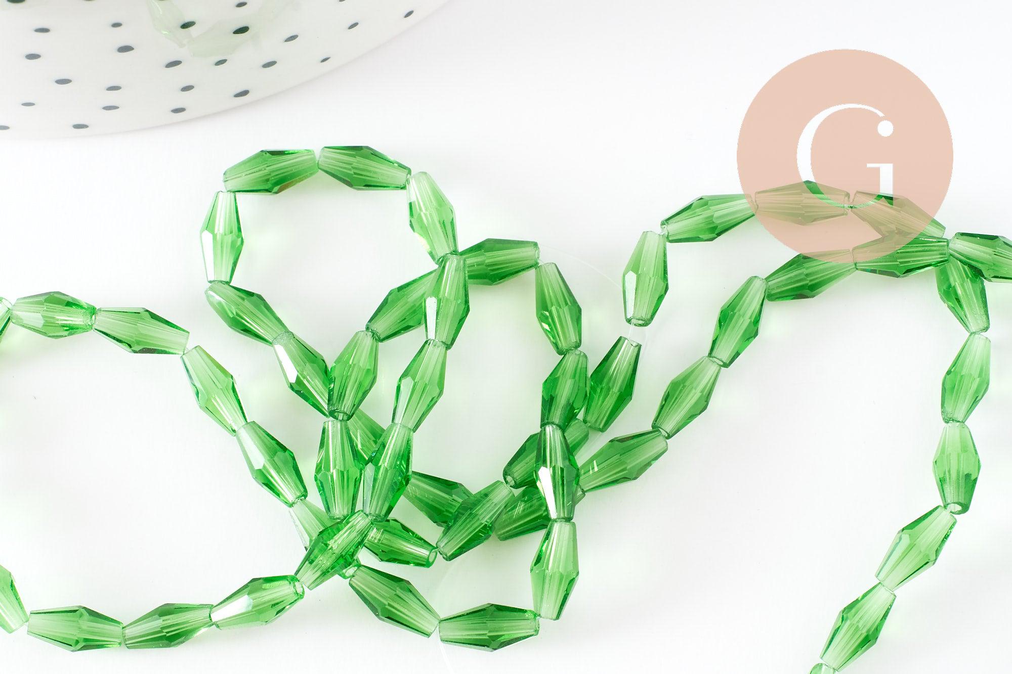 Perles Losange verre transparente facettée vert foncé 8x4mm, perle verre verte, cristal, fil de 58cm, x1 (G7446)