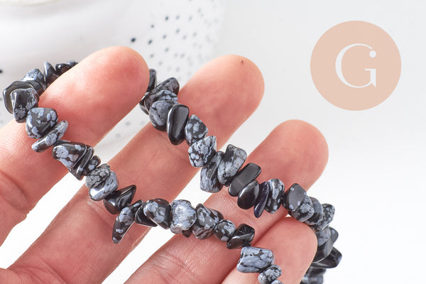 Perles chips en obsidienne neige naturelle 5-8mm, x1 fil de 90 cm(G1266)