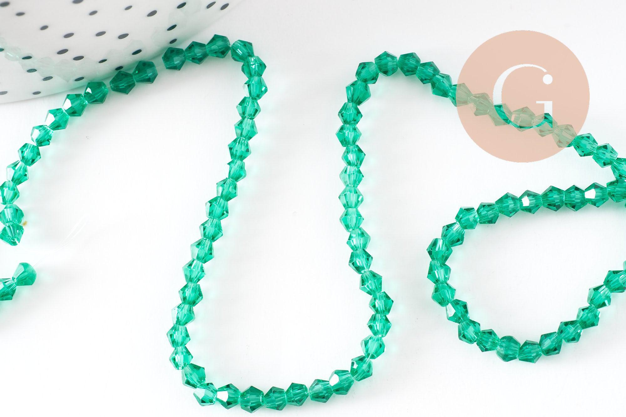 Perles cristal toupies à facette vert transparent, perle cristal vert, , fil de 45cm, 3x3mm, x1 (G0950)