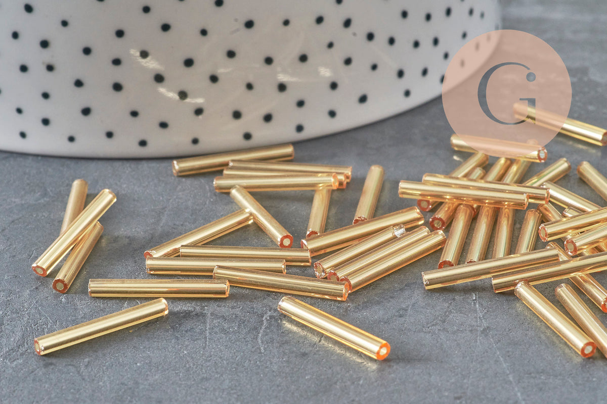 Cuentas de semillas tubos de oro metálico 20x2.5mm, fabricación de joyas bisutería, x 10gr G8989 
