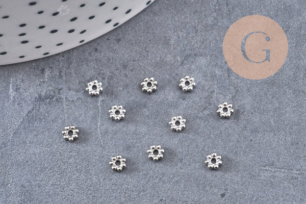 Perles intercalaires Rondelles fleurs acier 304 inoxydable platine 4mm, x10 (G10904)