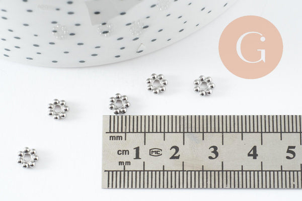 Perles intercalaires Rondelles fleurs acier 304 inoxydable platine 6mm, x5 (G9821)