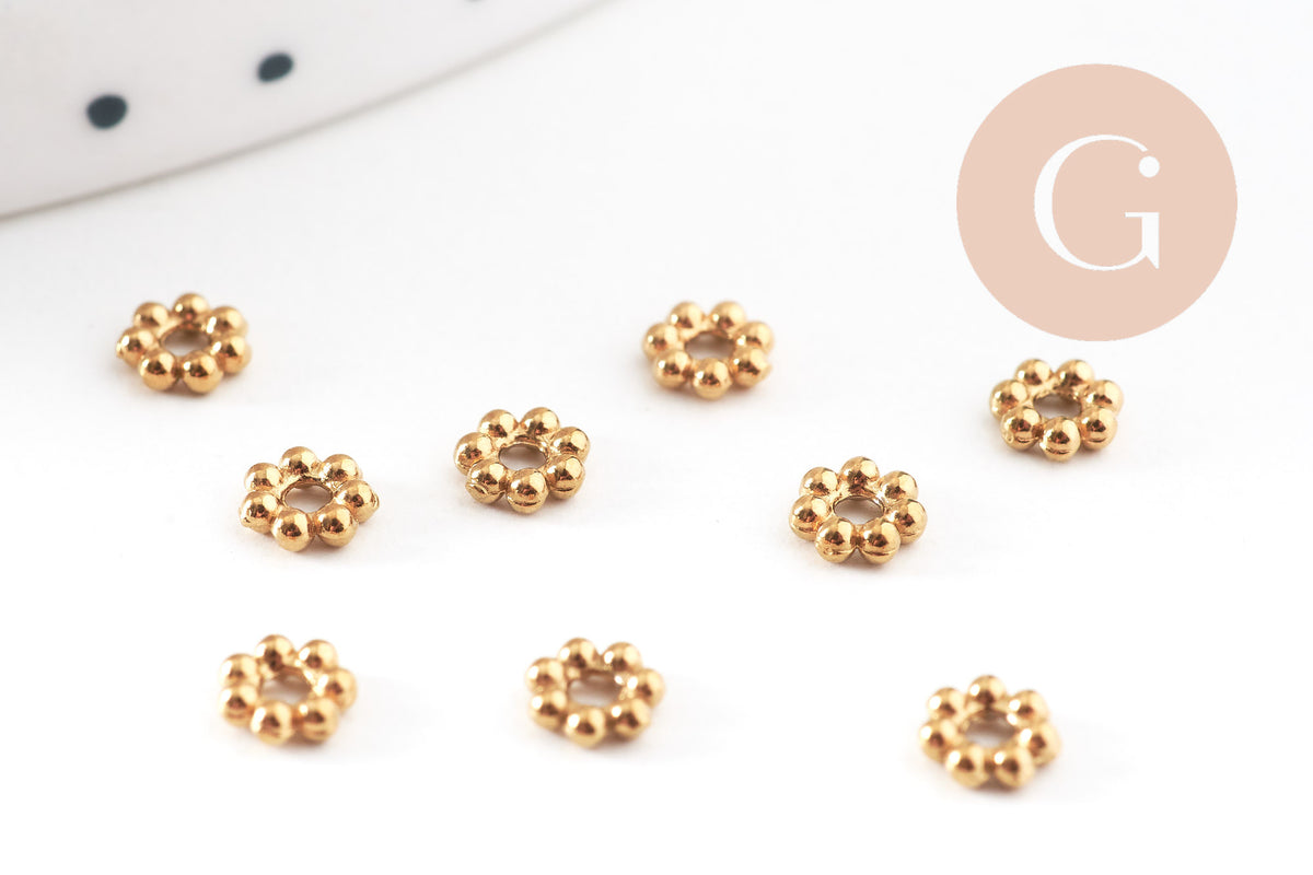 Perles intercalaires Rondelles fleurs acier 304 inoxydable doré IP 4mm, x10 (G10892)