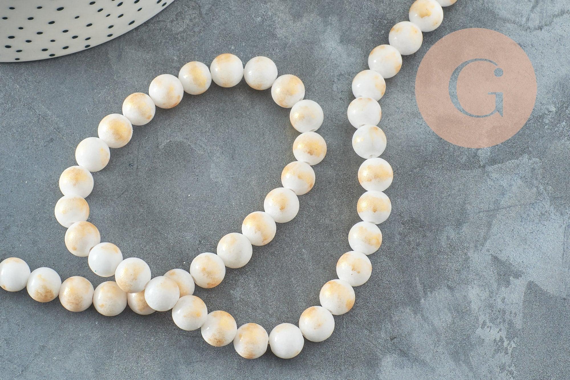 Perles jade blanc et or, perles rondes, jade mashan bleu,pierre naturelle, 8mm, fil de 40cm, x1 (G1800)