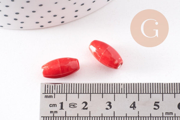 Perles ovales porcelaine rouge,perles céramique, porcelaine émaillée, perle ovales, création bijoux, 1.6cm, x5 G5380