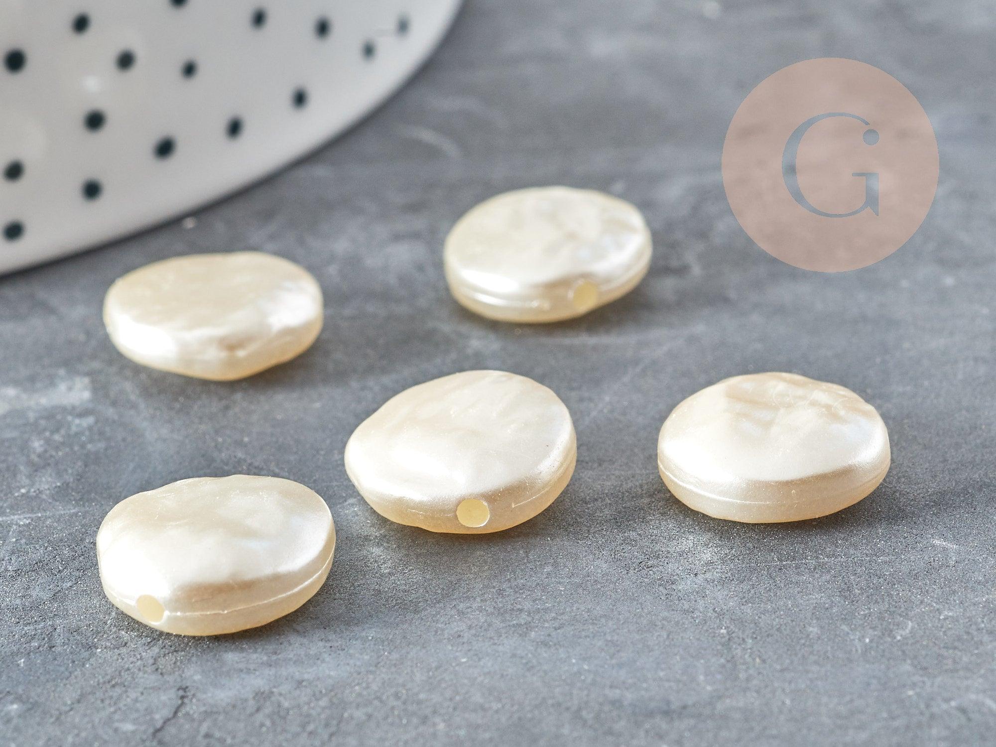 Perles plates acrylique imitation perle eau douce beige 14.5mm, x5 (G9028)