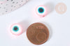 Perles polymère rondes plates rose mauvais oeil 10,5-12mm, bijoux fantaisie DIY chance, x5 (G7202)