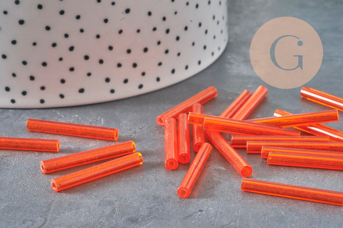 Tube seed beads, orange seed beads, orange glass, long tube, orange tube bead, 28mm, x 10gr G4392