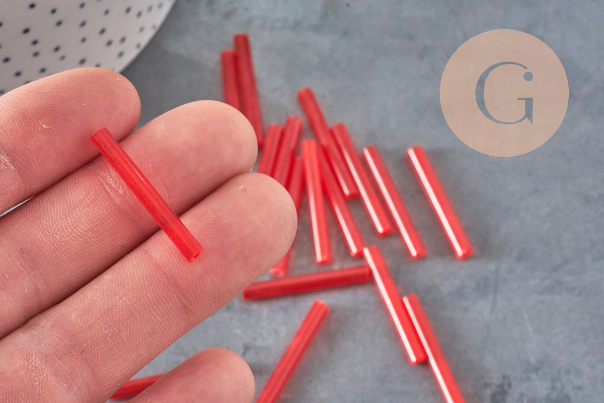 Tube seed beads, red seed beads, red glass, long tube, red tube bead, 28mm, x 10gr G4390