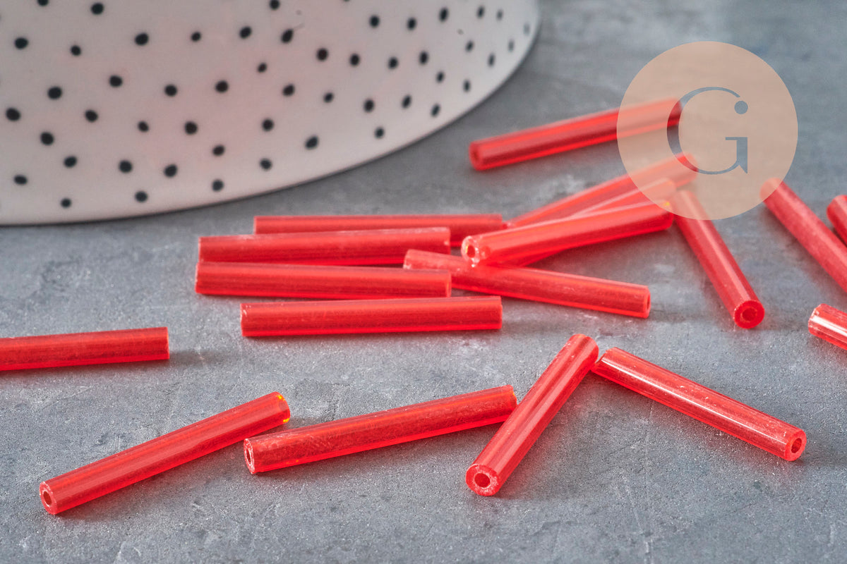 Tube seed beads, red seed beads, red glass, long tube, red tube bead, 28mm, x 10gr G4390