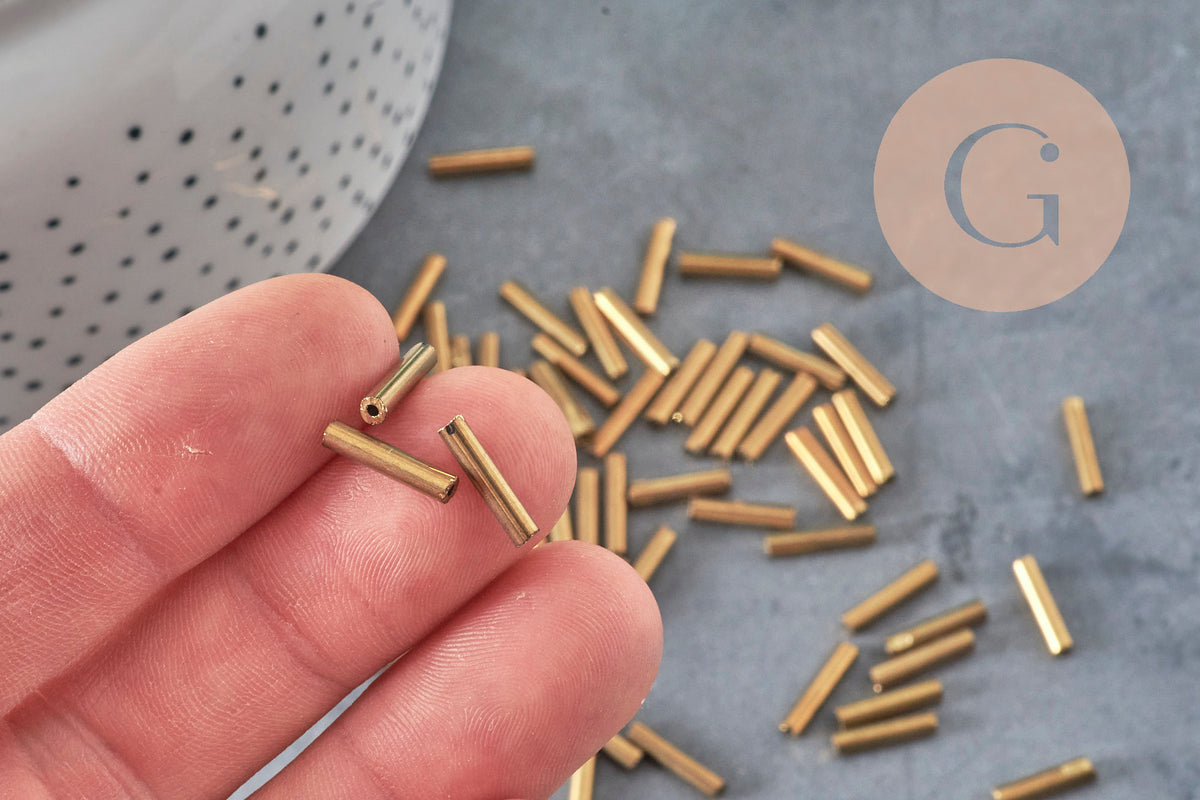 Cuentas de semillas de tubo, vidrio dorado metálico, tubo largo, cuenta de tubo de vidrio, cuenta de oro, 12 mm x 2 mm, x 10 g G3416