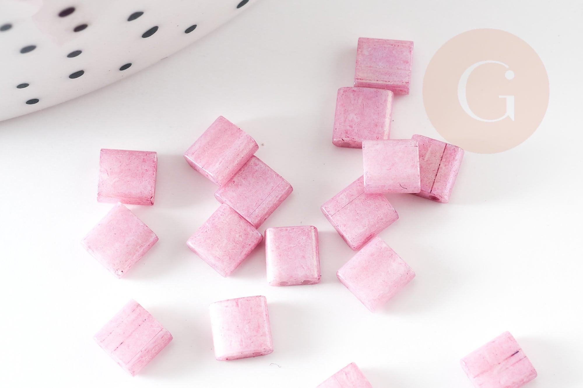 Perles rocaille carré verre rectangle rose nacré façon tila 2 trous 4.5mm, x50 (4.8GR) (G7750)