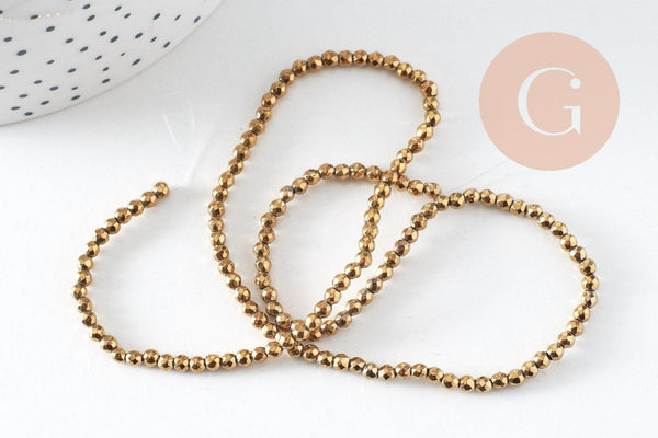 Perles ronde facettée hématite synthétique dorée 3mm, fil de 40cm x1 (G3683)