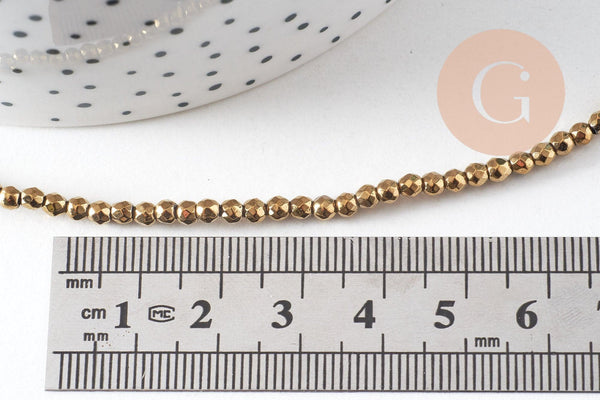 Perles ronde facettée hématite synthétique dorée 3mm, fil de 40cm x1 (G3683)