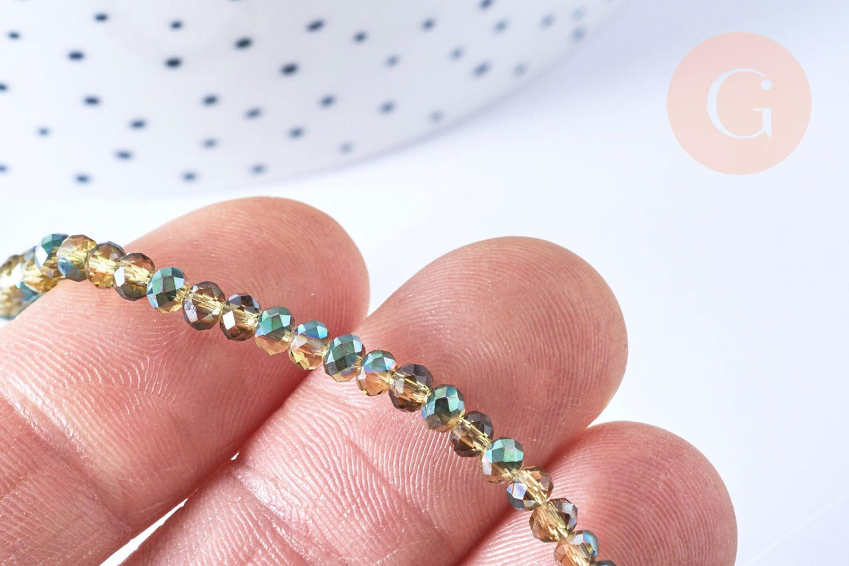 Perles rondelle cristal bicolore jaune vert irisé facette 3.5x2.5mm, x1 fil 25.4cm (G6761)