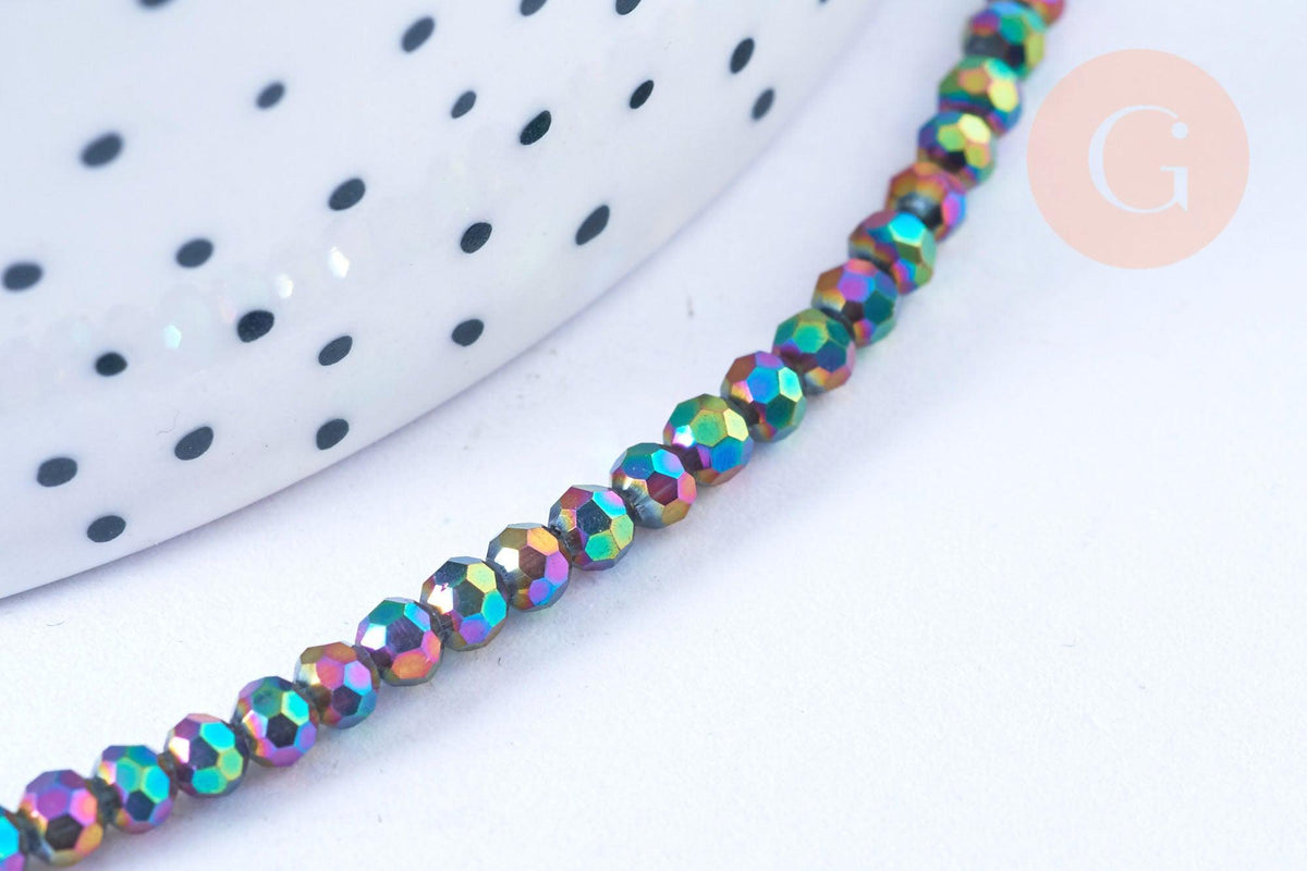 Perles rondelle cristal noir irisé facette 3.5x2.5mm, x1 fil 25.4cm (G6754)