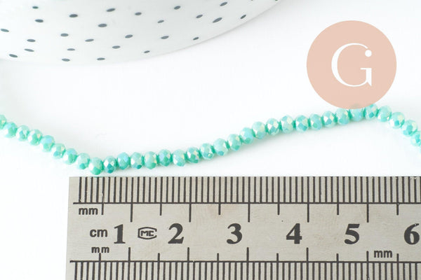 Perles rondelle verre irisée facettée vert irisé AB 3x2mm, création bijoux cristal, fil de 42cm, x1 (G7392)