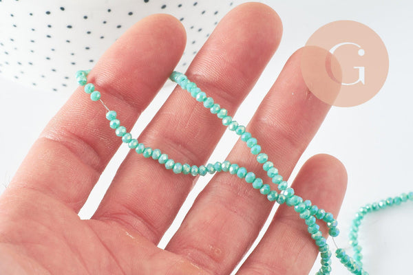 Perles rondelle verre irisée facettée vert irisé AB 3x2mm, création bijoux cristal, fil de 42cm, x1 (G7392)