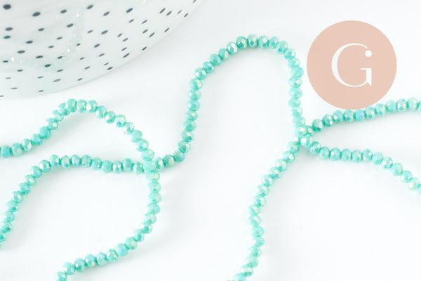 Perles rondelle verre irisée facettée vert irisé AB 3x2mm, création bijoux cristal, fil de 42cm, x1 (G7392)