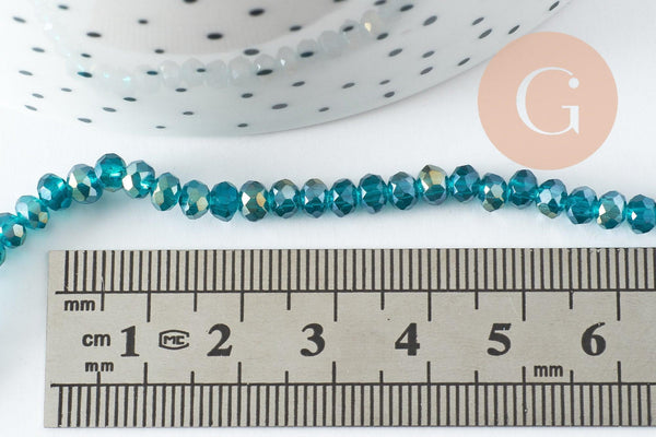 Perles rondelles verre transparent facetté bleues turquoise AB 4x3mm, création bijoux cristal DIY, fil de 42cm x1 (G8254)