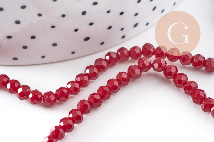 Perles toupies bordeau cristal rouge 4x3mm,Perle verre facette,perle bicone,fil de 40 cm, x1 (G2137)