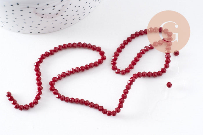 Perles toupies bordeau cristal rouge 4x3mm,Perle verre facette,perle bicone,fil de 40 cm, x1 (G2137)