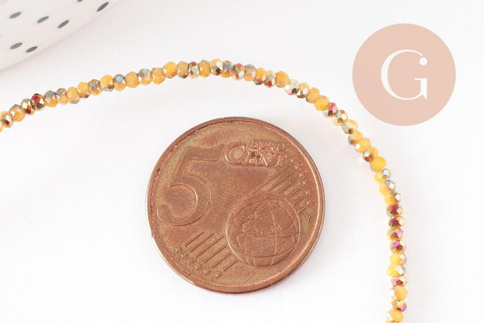 Perles toupies cristal jaune irisé, perles bijoux, perle cristal, Perle verre facette,fil de 26cm, 2mm, x1 (G4506)