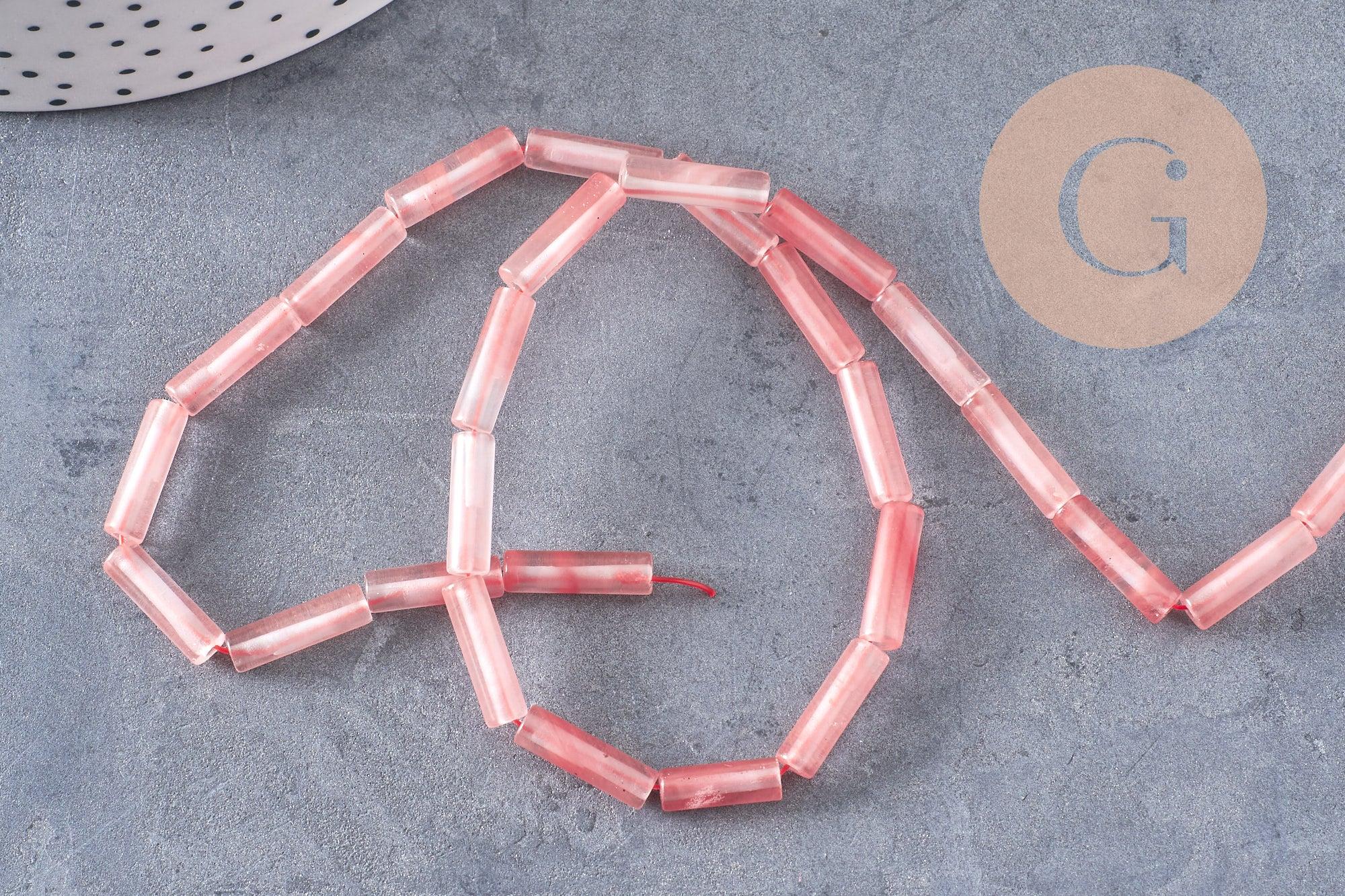 Perles tube quartz cerise verre 13mm, x1 fil de 37cm (G4159)