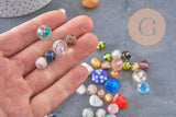 Perles verre murano formes et couleurs multiples, perles feuille argent, x10 (G11024)
