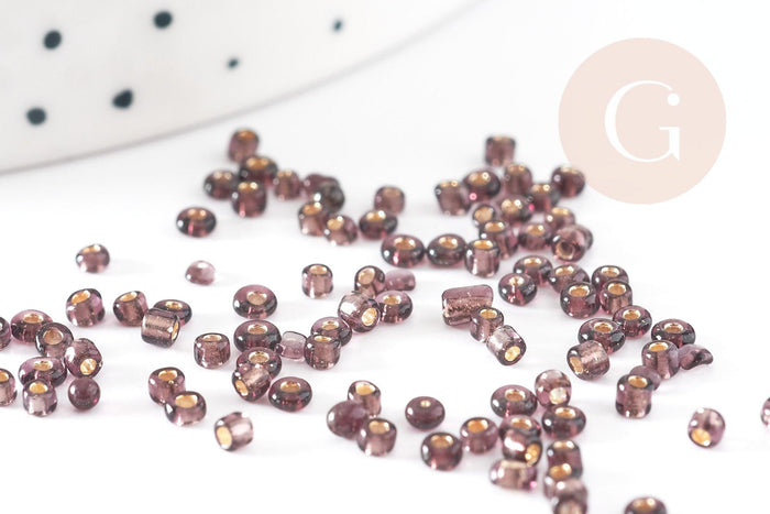 Petite perle rocaille argent violet, perles rocaille, perlage,perles verre, feuille argent, 2.5mm, x 5gr (G2203)