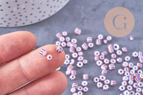 Petite perle rocaille verre rayé bleu blanc rouge 3x4.5mm, x10 Gr (G10709)