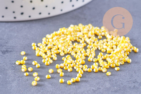 Petite perle rocaille verre rayé jaune blanc 1.5x2mm, x10 Gr (G10684)