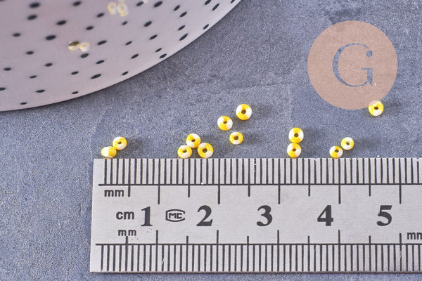 Petite perle rocaille verre rayé jaune blanc 1.5x2mm, x10 Gr (G10684)