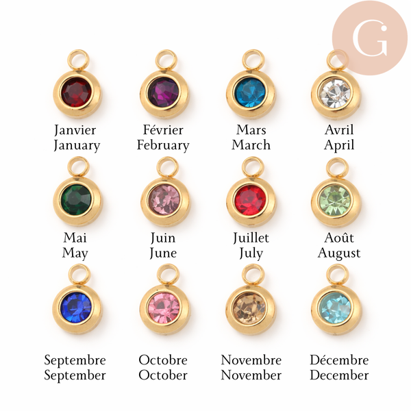 Collier personnalisé médaille gravée et pierre de naissance acier inoxydable 304, x1 (ADN10) (G11101)