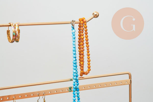 Présentoir à bijoux boucles d'oreilles laiton doré socle bois 30cm, x1 (G9451)