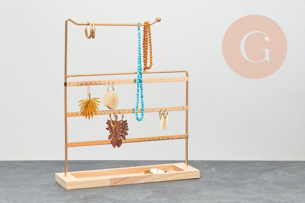Présentoir à bijoux boucles d'oreilles laiton doré socle bois 30cm, x1 (G9451)