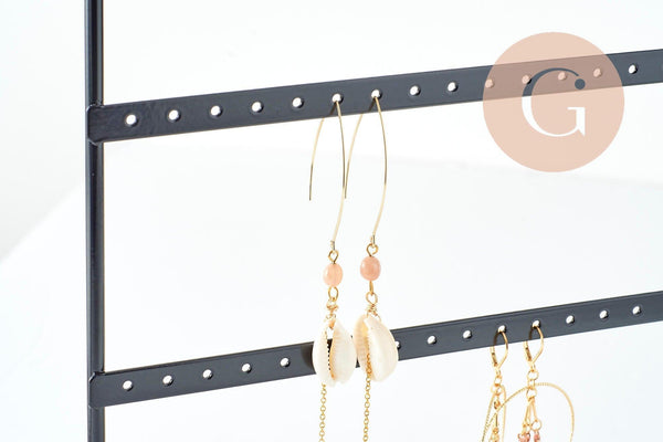 Présentoir à bijoux boucles d'oreilles laiton noir socle bois 28.5cm, x1 (G9453)