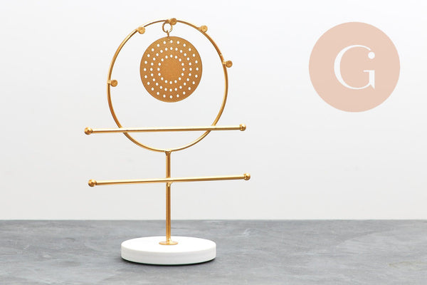 Présentoir à bijoux boucles d'oreilles rond fer doré socle marbre 24.5cm, x1 (G10246)