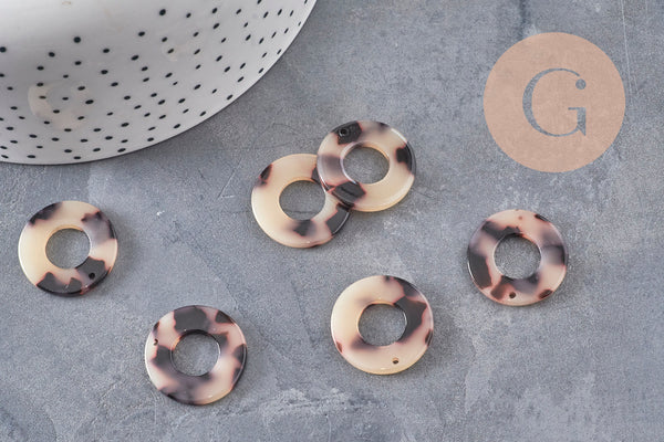 Pendentif cercle beige acétate,perle acétate,connecteur plastique,21.5mm, x2 (G2704)