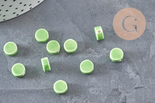 Perles porcelaine vert clair, perle céramique disque, verte,8mm, x10 (G4731)