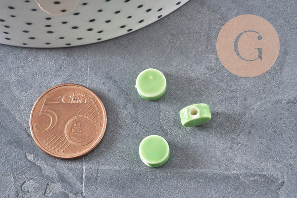 Perles porcelaine vert clair, perle céramique disque, verte,8mm, x10 (G4731)