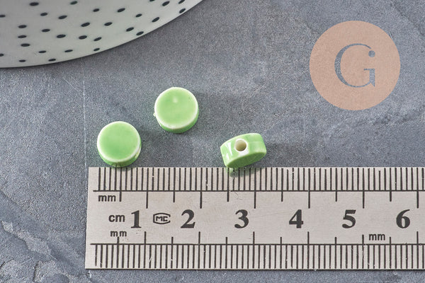 Perles porcelaine vert clair, perle céramique disque, verte,8mm, x10 (G4731)