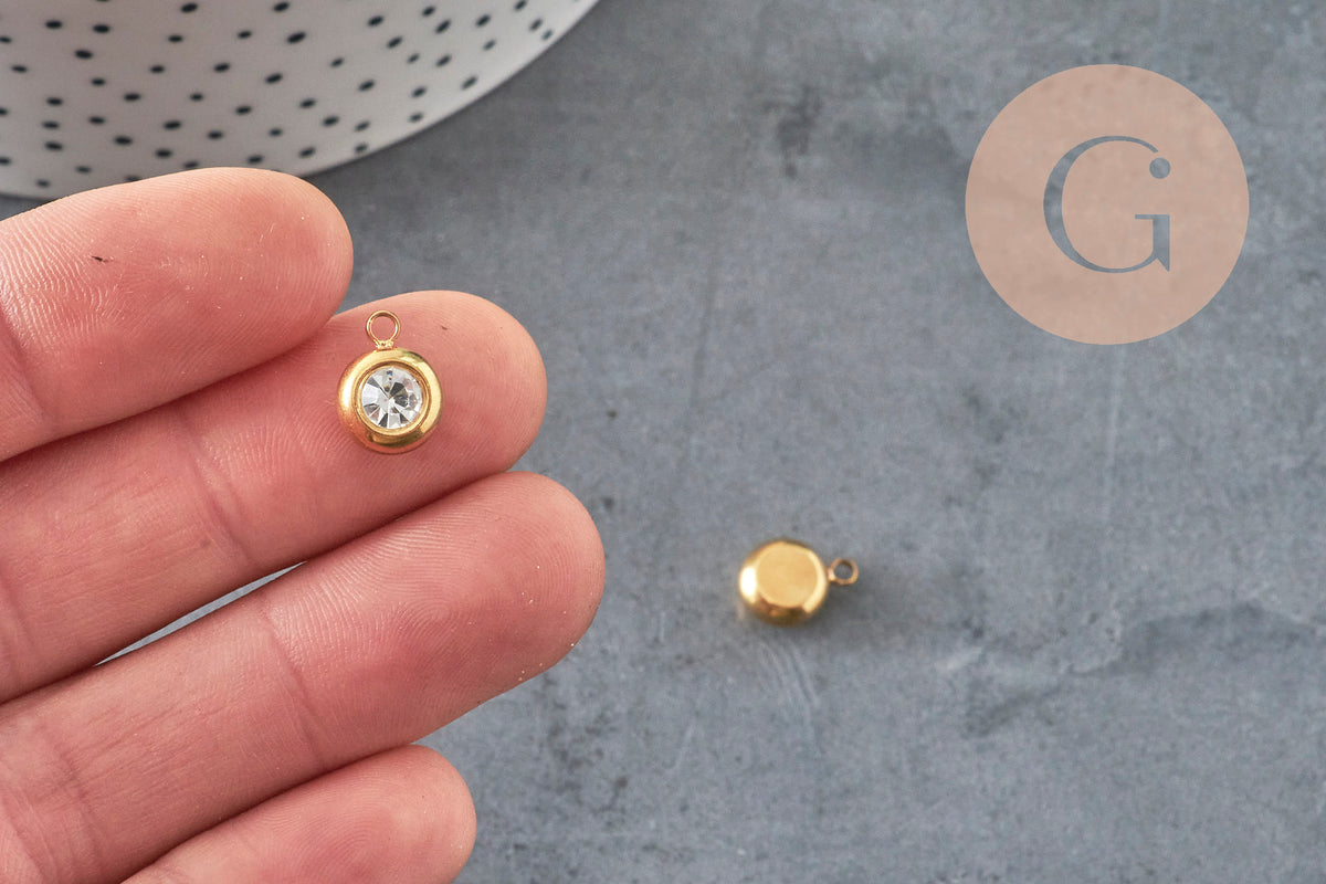 Round pendant with 24 carat gold-plated steel and white crystal, gold-plated crystal pendant, jewelry creation, 12mm, x1 (G4835)