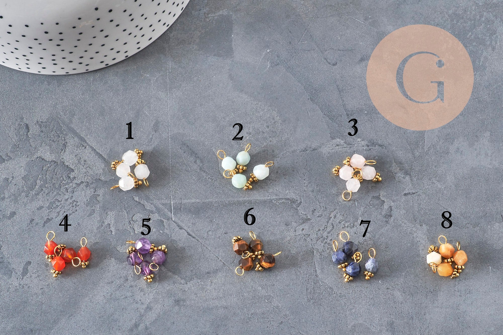 Hexagon charm natural stones gold-plated brass 12mm, x1 (G8343)