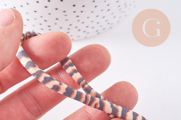 Ruban cordon élastique polyester motif Léopard marron beige 5mm, x 1 Mètre (G7070)