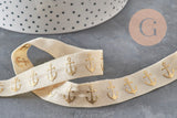 Ruban élastique écru de 16mm avec motif d'ancres dorées pour bijoux et loisirs créatifs au style marin.